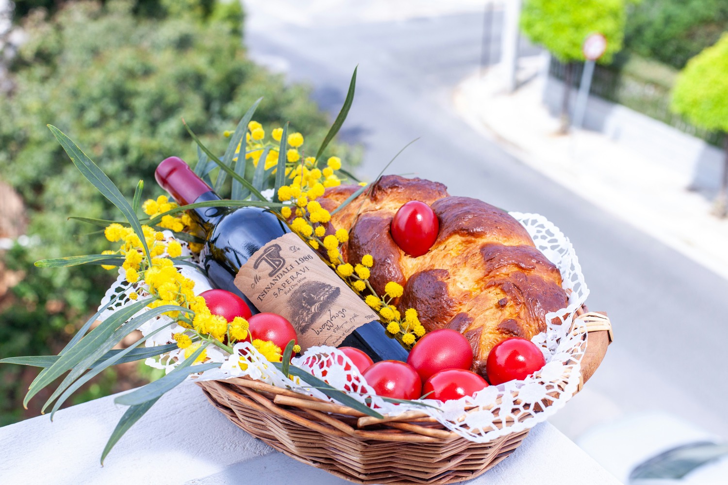 Uncork & Unwind gift basket with wine, chocolate, and nuts